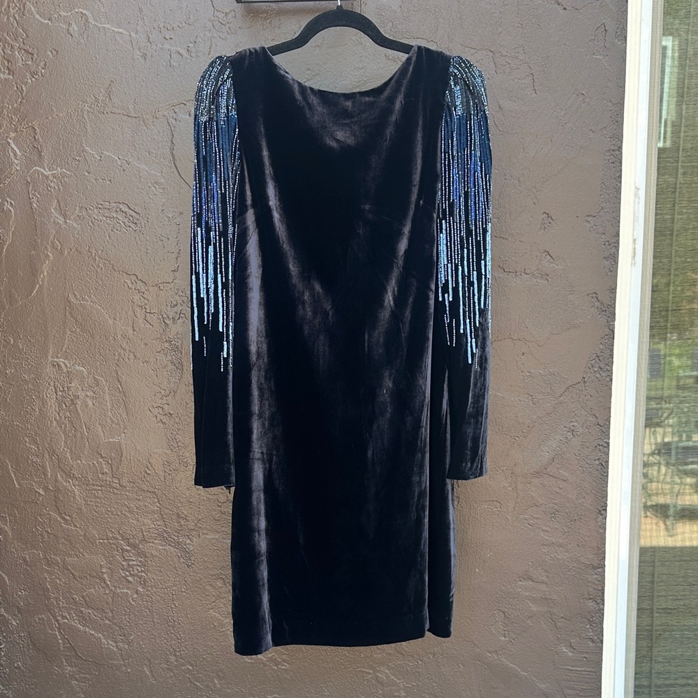 Elie Tahari Deep Navy Blue Velvet Occasion Dress with Blue Sequin Sleeves